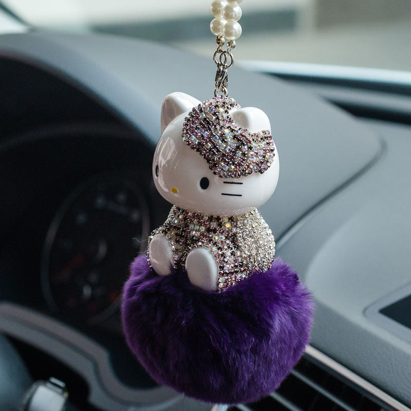 Hello Kitty Cute Pendant Hair Ball With Glitter Crystals Car Accessories