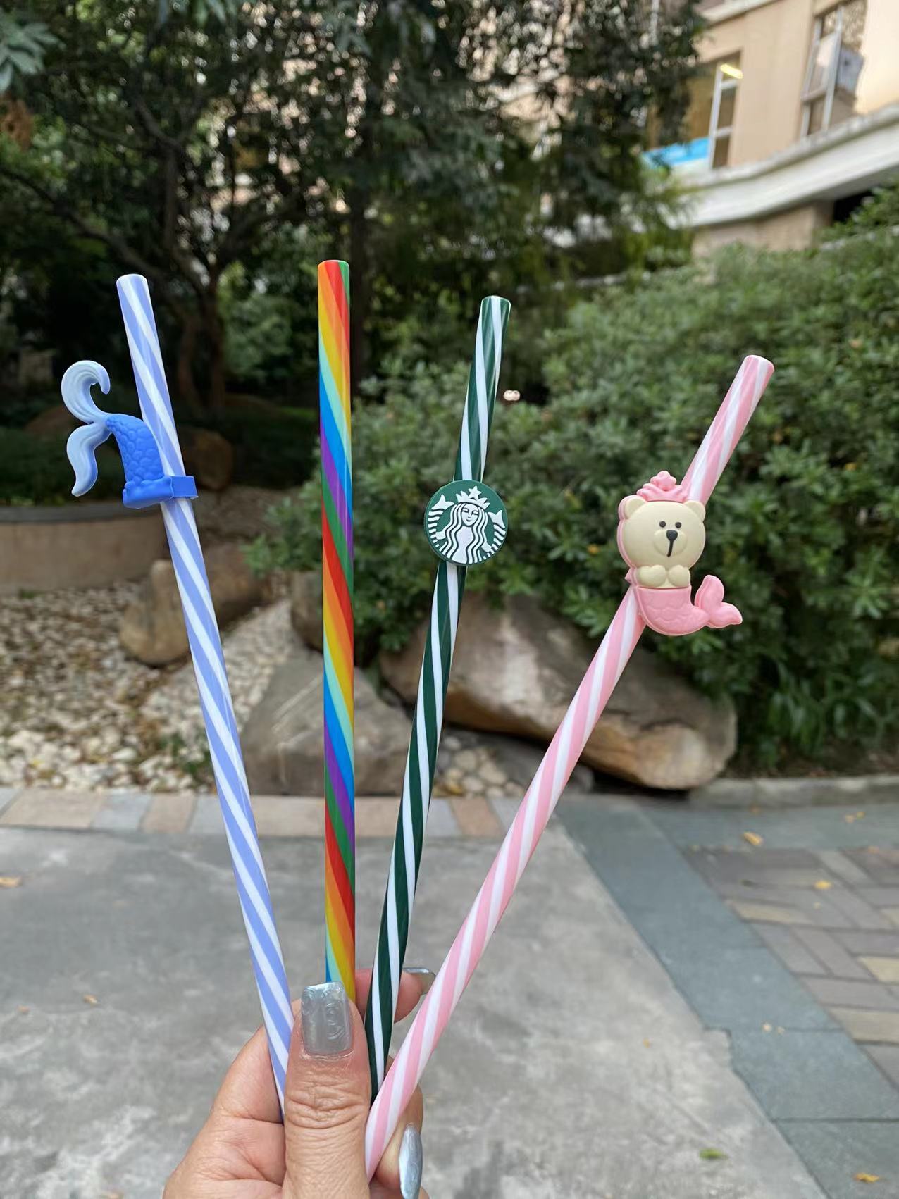 Starbucks Coffee Colorful Straw Set Of 4 Straws Rainbow Stripes Straw With Straw Brush Cute Bear, Siren Logo And Fish Tale Toppers