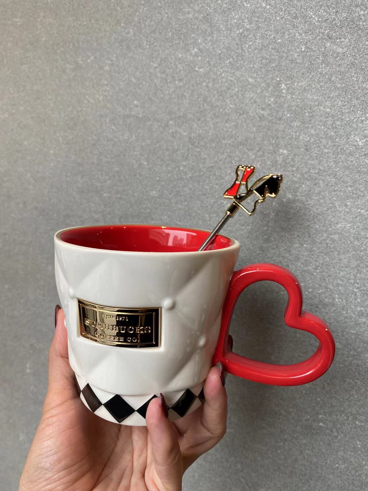 PRE ORDER Starbucks 2022 China Valentine's Day Checkerboard Ceramic 13oz Mug Cup With Stirrer
