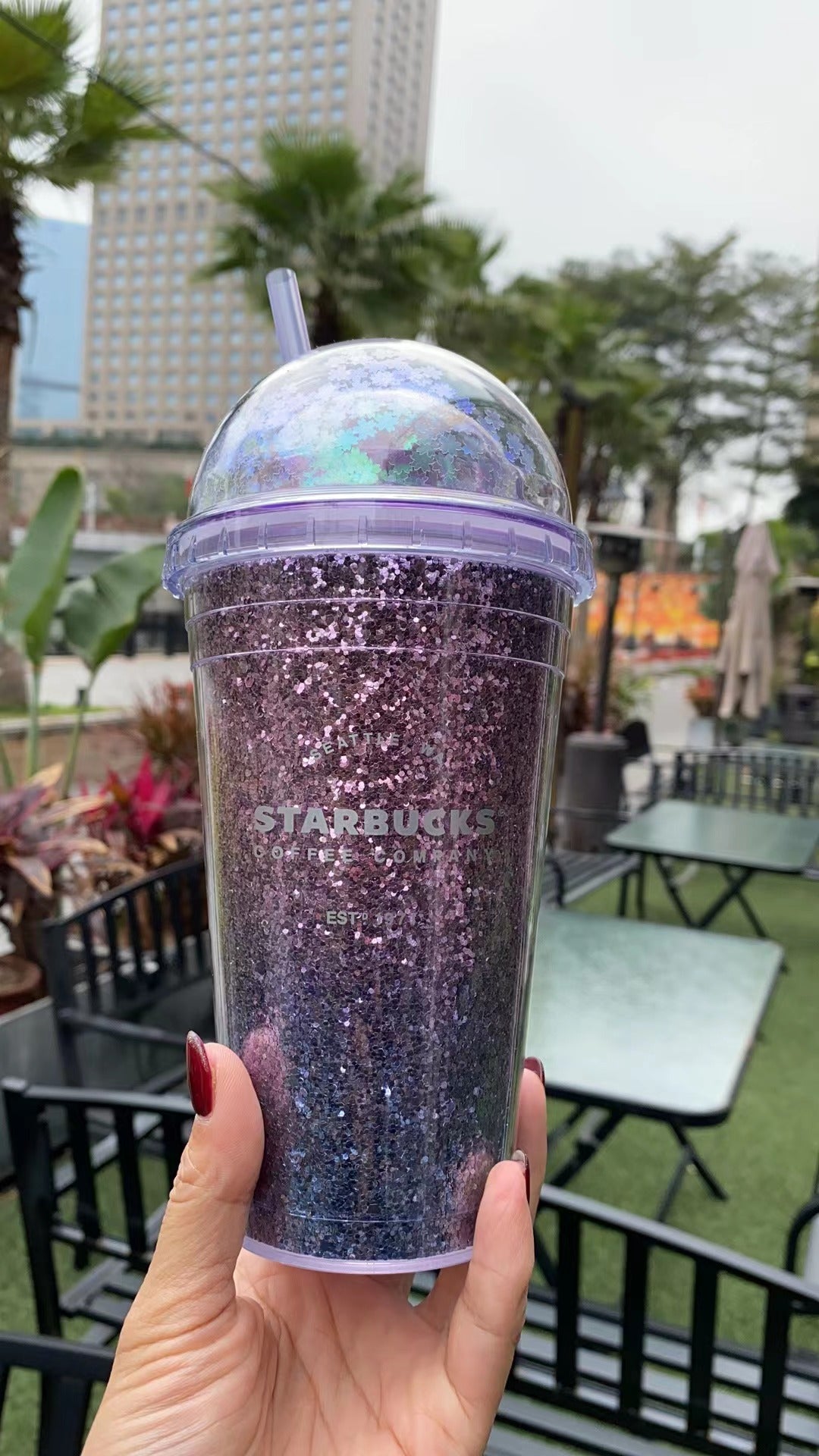 Starbucks 2020 China Gradient Purple Sakura Cherry 16oz Straw Dome Glitter Cup Tumbler