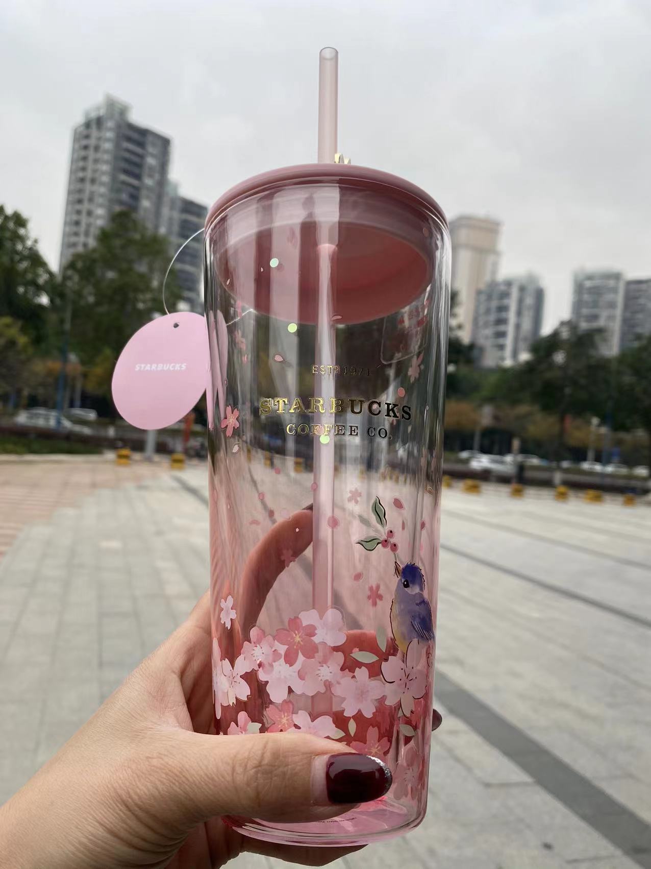 Sale Starbucks 2022 China Sakura 20oz Glass Straw Cup with Straw Topper