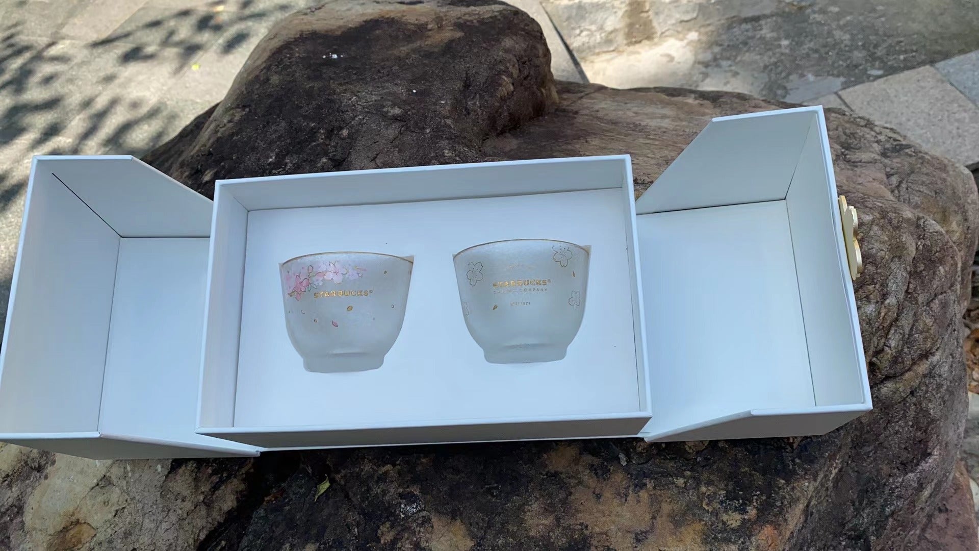 Starbucks 2022 China Pink Sakura 2x 6oz Glass Cup Gift Box