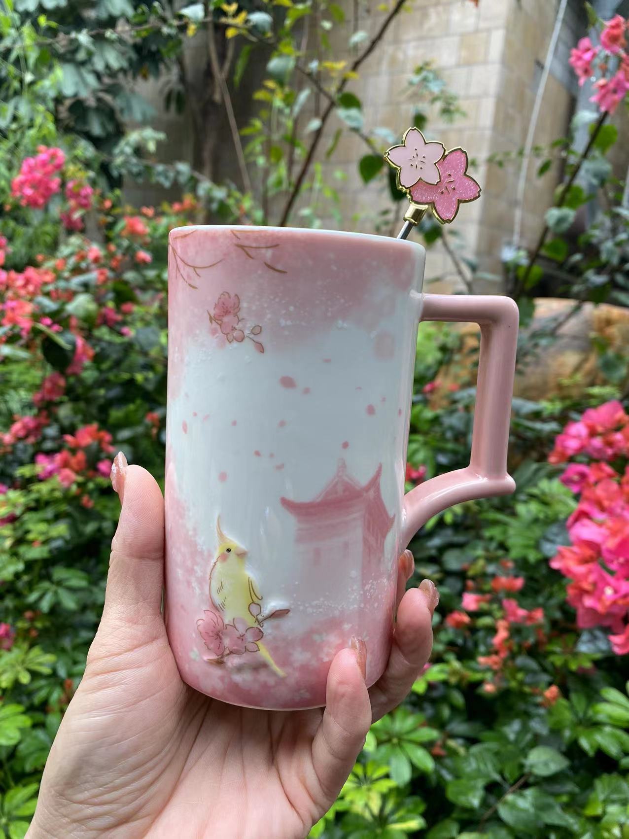 Starbucks 2022 China Pink Sakura 16oz Ceramic Mug with Stirrer
