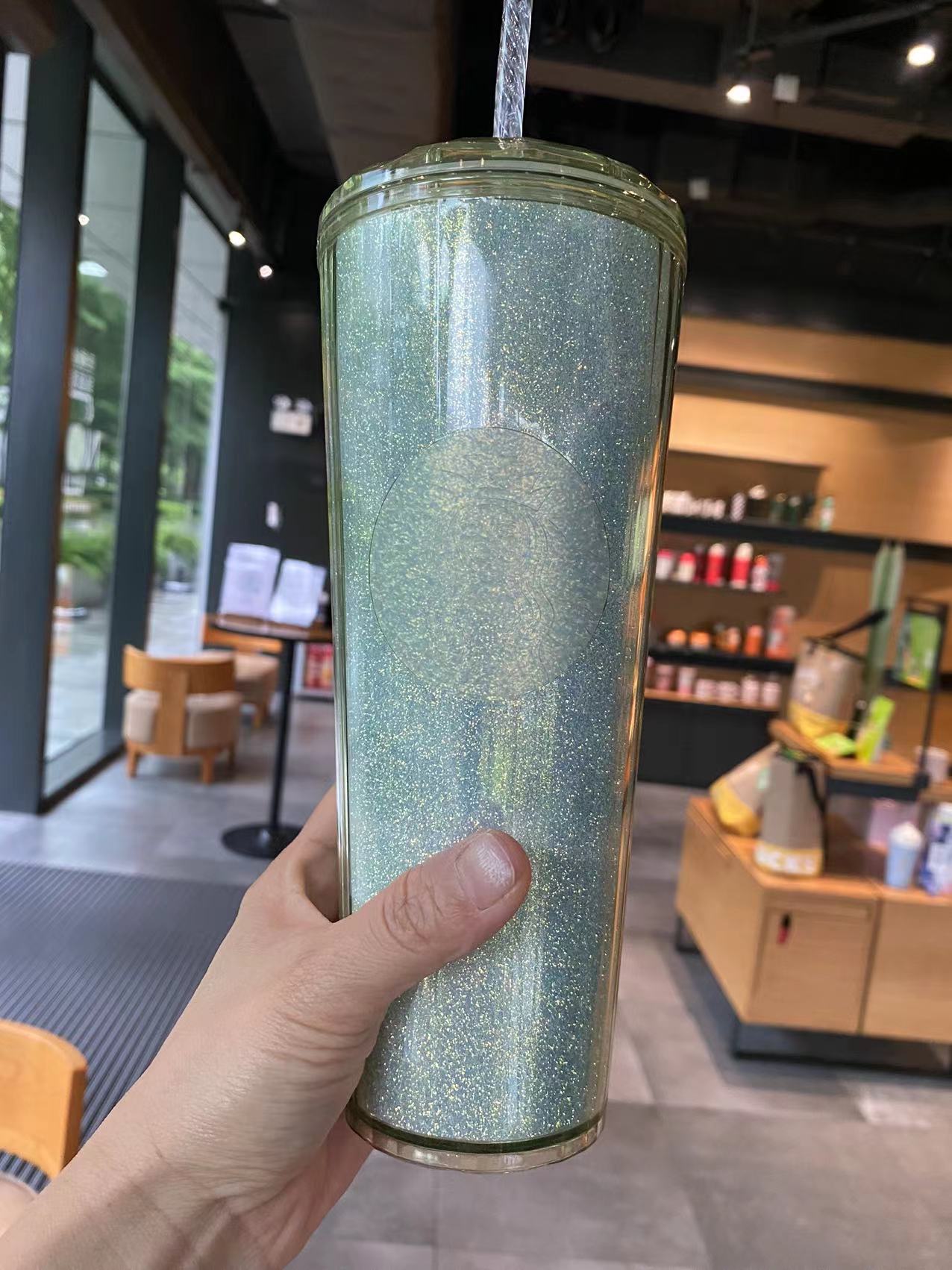 Sale Starbucks 2022 China Green Marble Glitter Dome 24oz Straw Cup