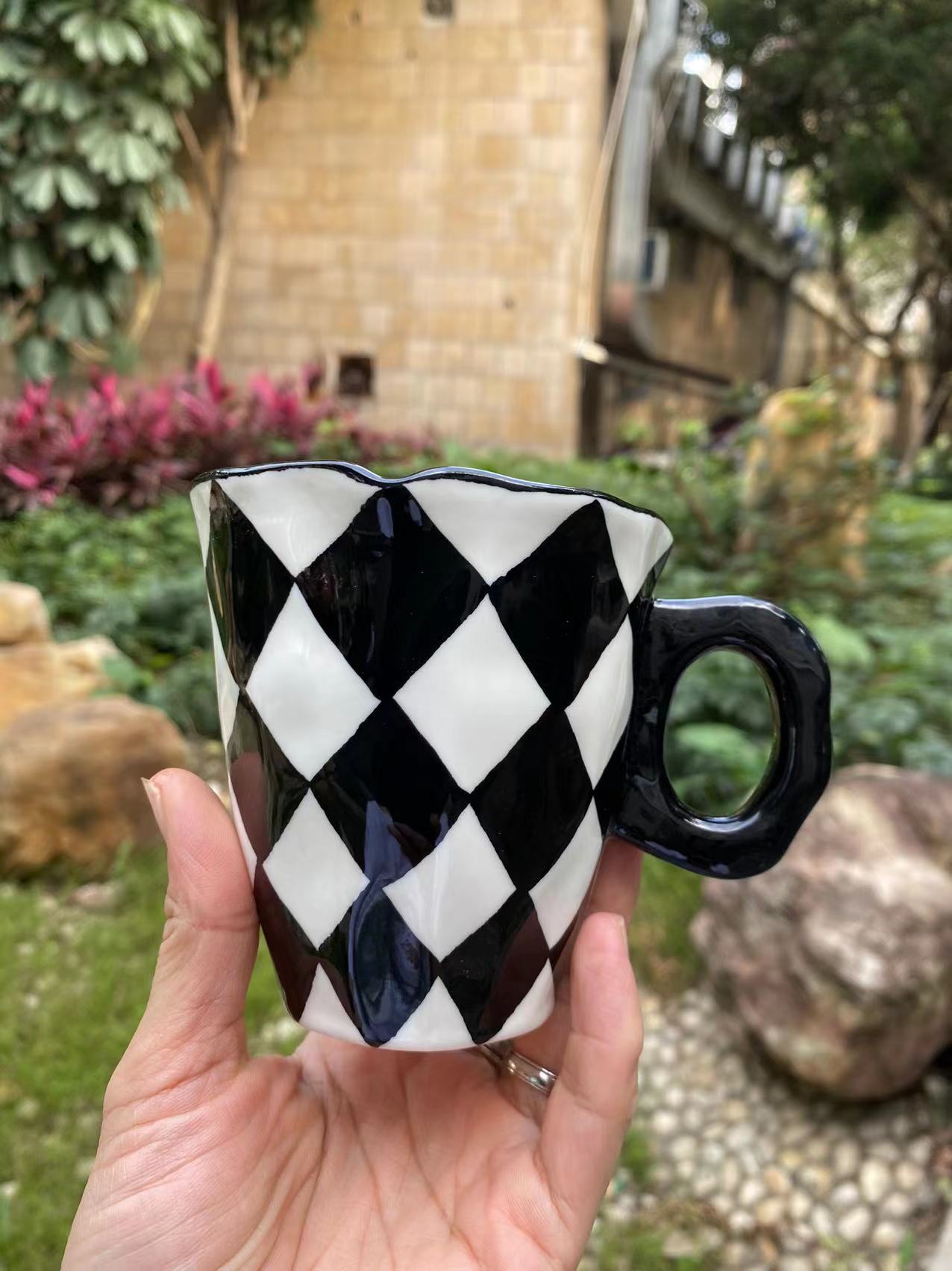 Black And White Checkerboard Mug Ceramic 8.7oz Pink Coffee Cup