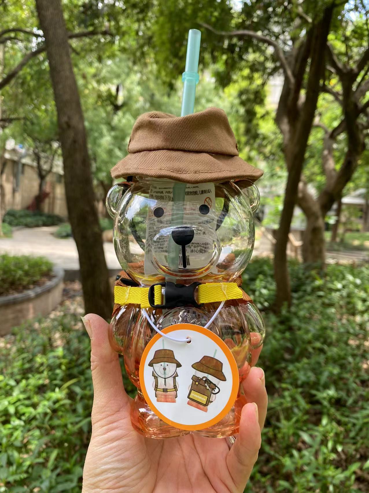 Starbucks China Summer 2021 Camping Bear Shaped Glass 14oz Straw Cup