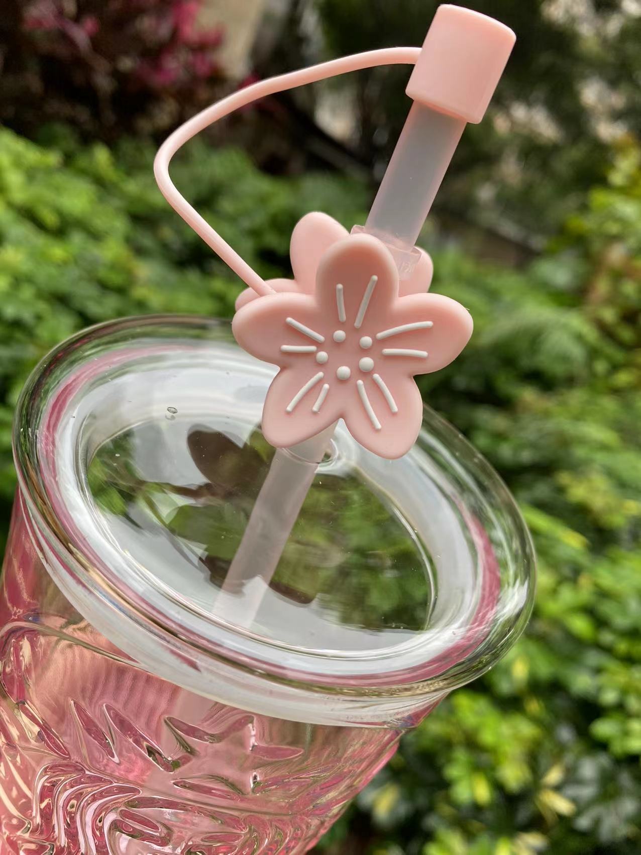 Starbucks 2023 China 18.5oz Cherry Blossom Goddess Sakura Glass Cup + Straw Topper