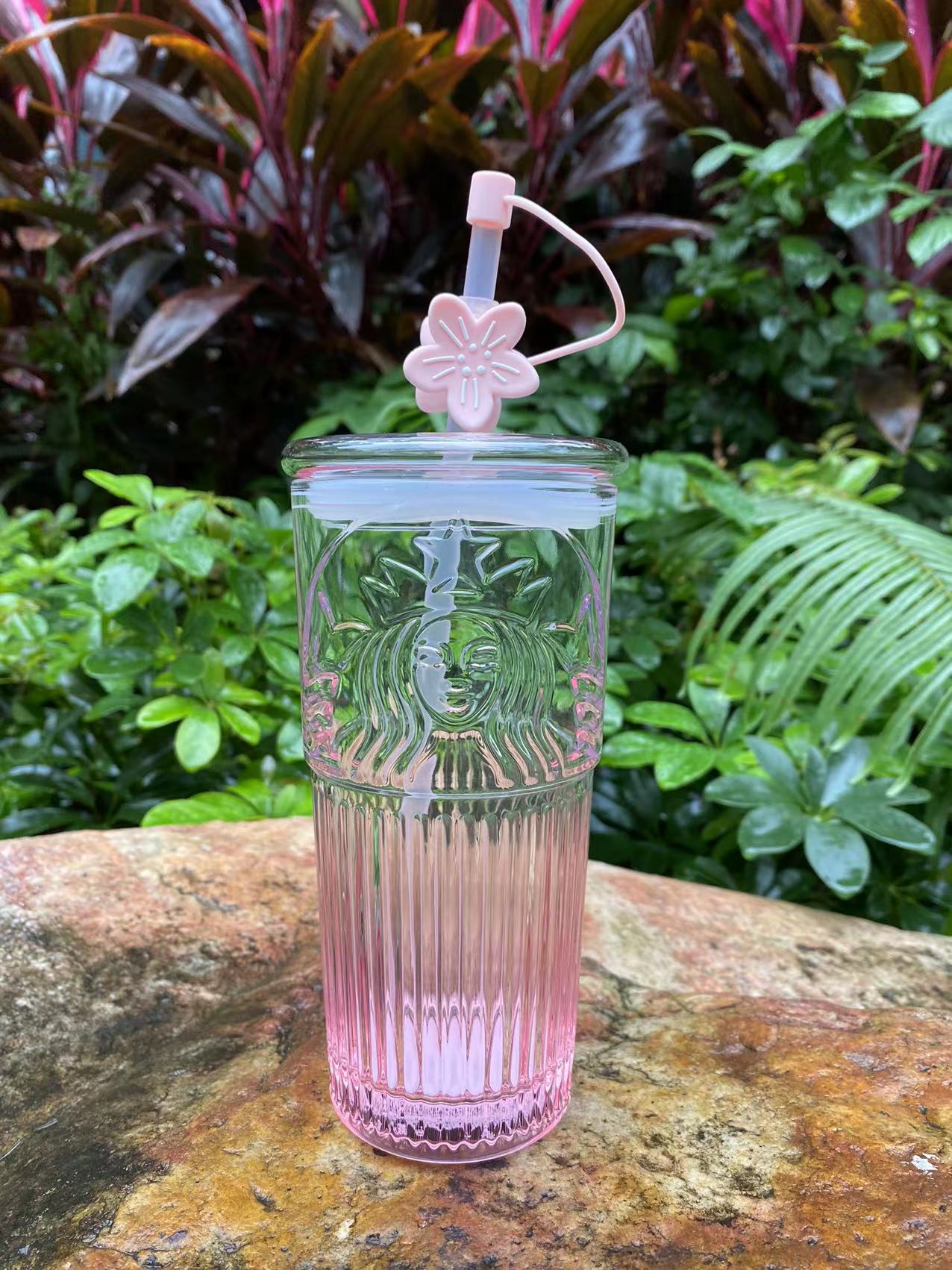 Starbucks 2023 China 18.5oz Cherry Blossom Goddess Sakura Glass Cup + Straw Topper