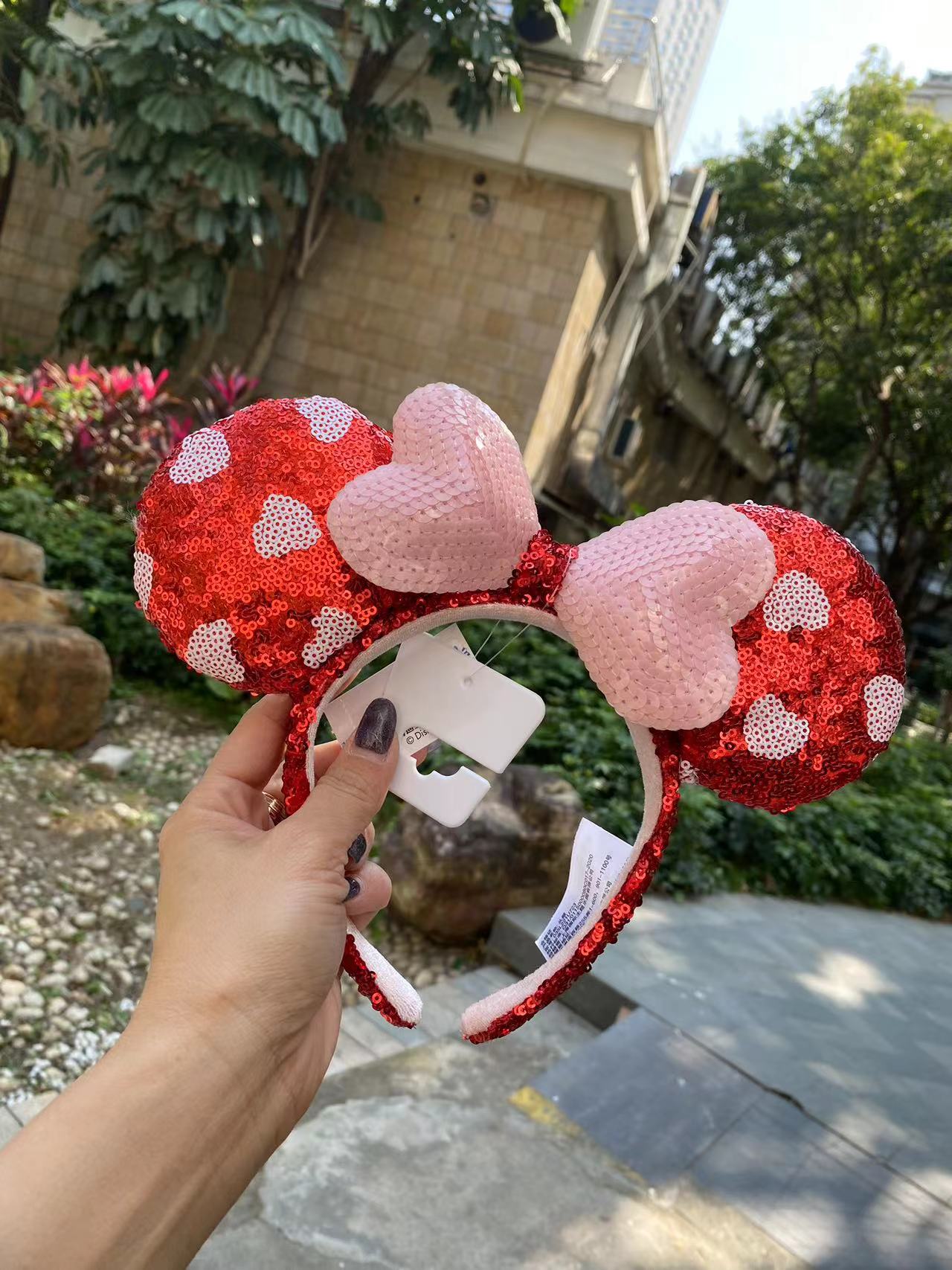 Disney Shanghai Red Bow Heart Sequined Minnie Mouse Ear Headband Disneyland