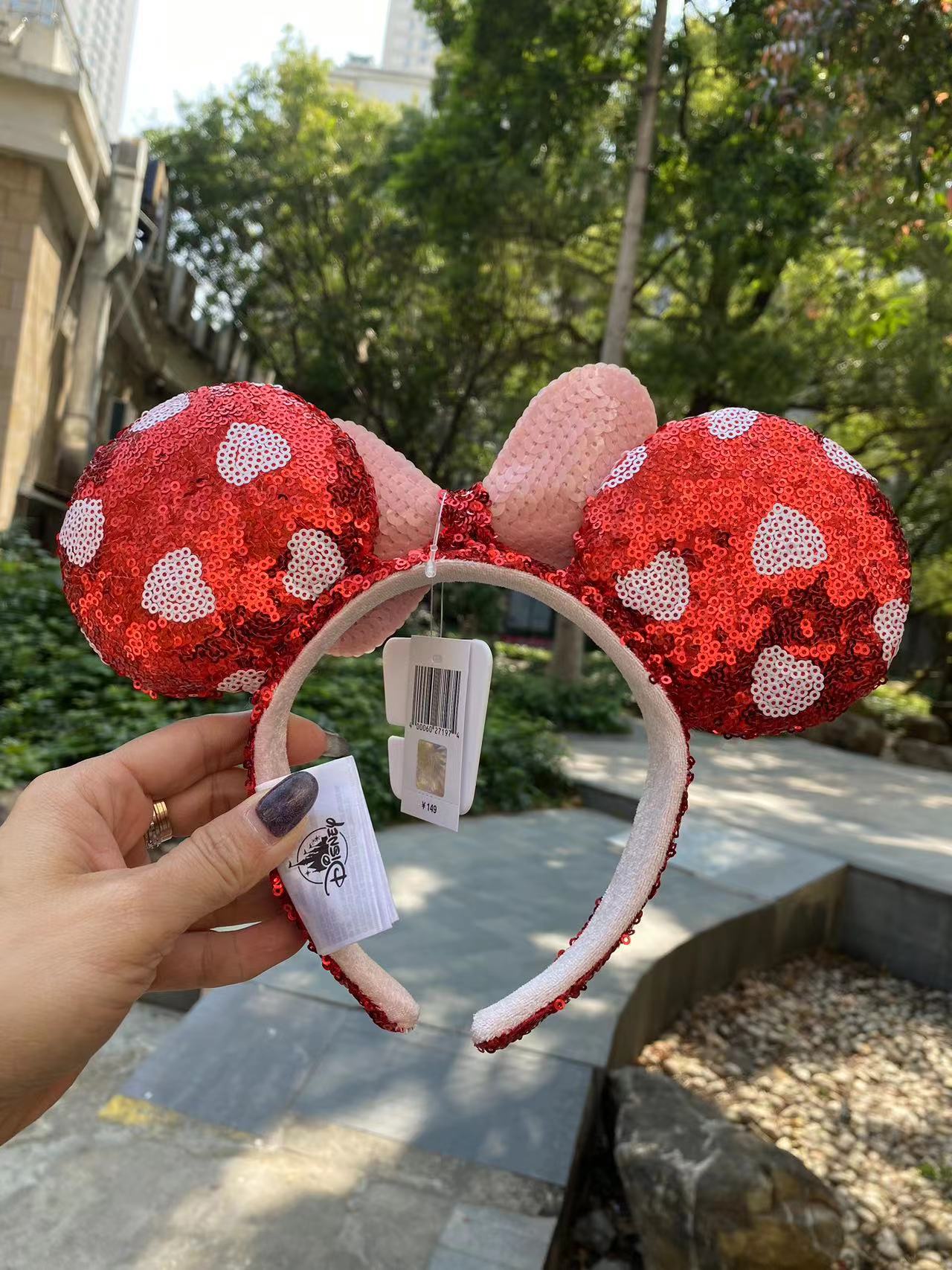 Disney Shanghai Red Bow Heart Sequined Minnie Mouse Ear Headband Disneyland