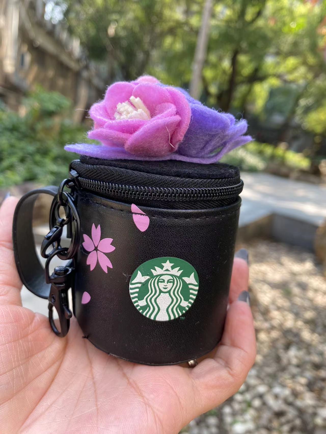 Starbucks Cherry Blossom Coin Purse Black White Keychain Pendant