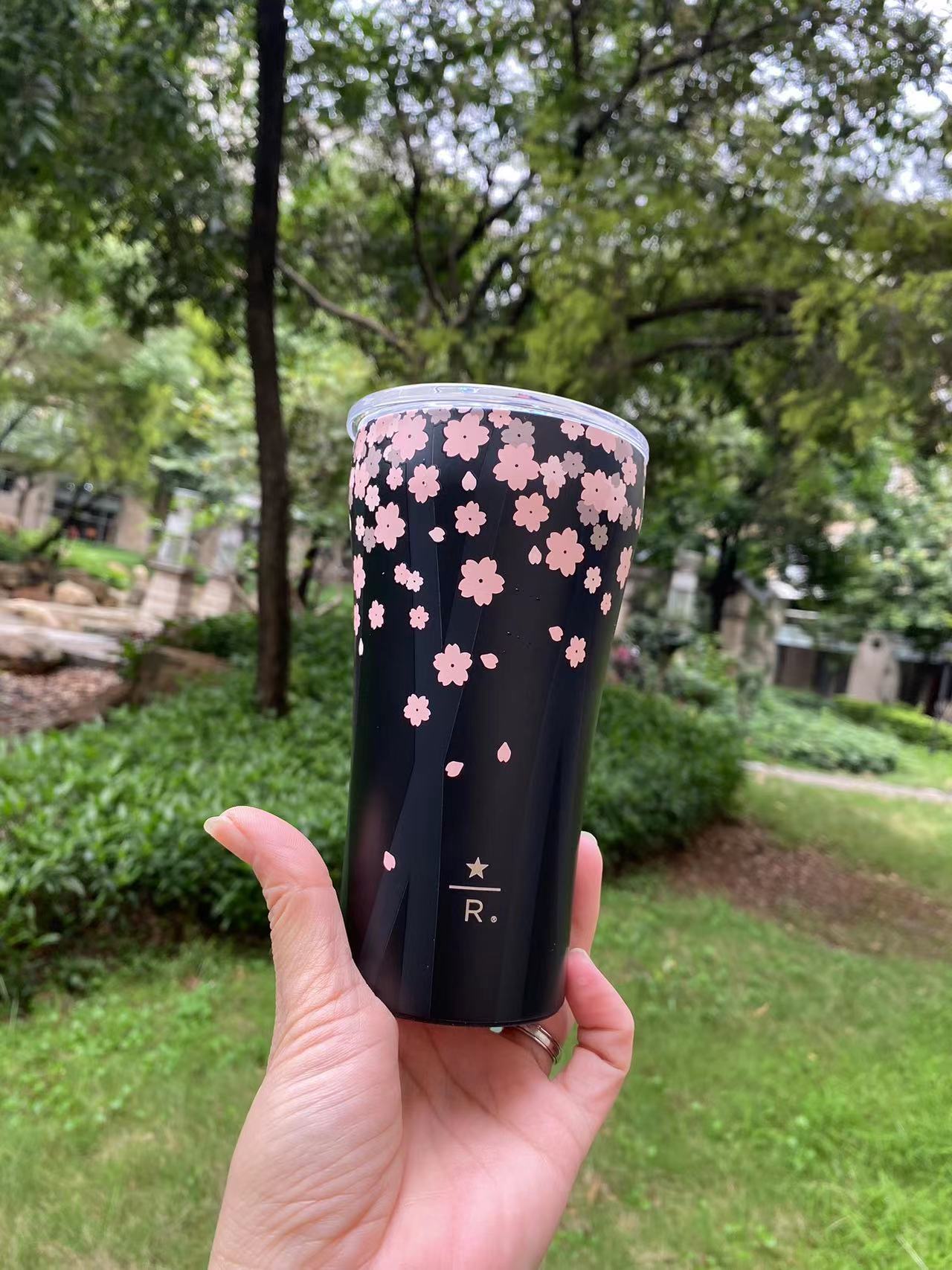 Starbucks China Shanghai 2023 Sakura Cherry Blossom Pink / Black Stainless Steel 12oz Cup