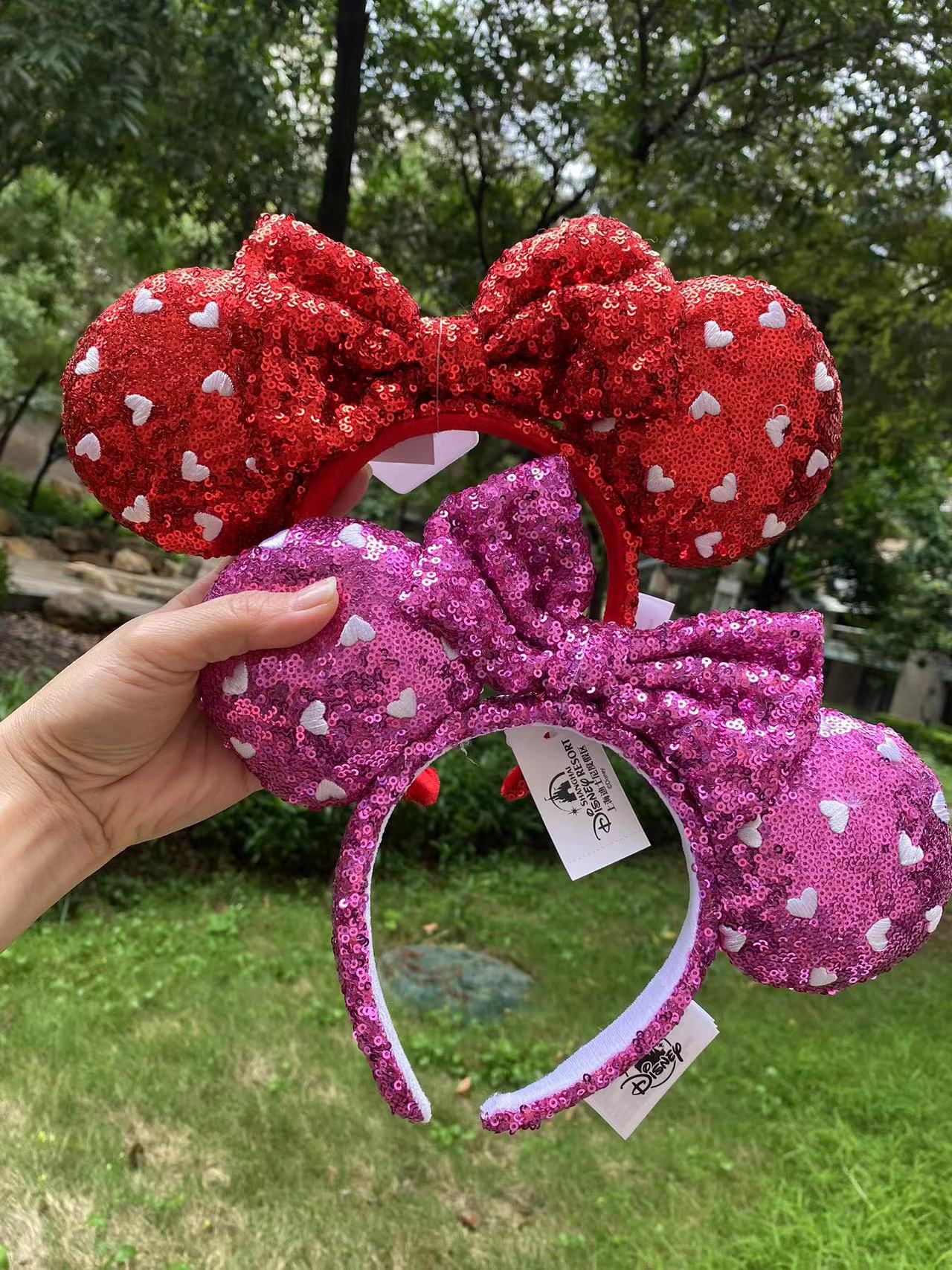 Disney Shanghai Red & Pink Bow Heart Sequined Minnie Mouse Ear Headband Set Of 2