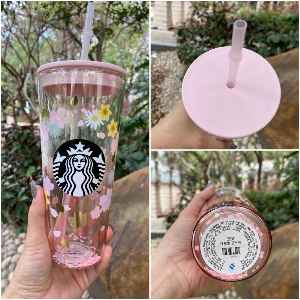 Starbucks China 2021 Sakura 19oz Glass Confetti Glitter Straw Cup Limited Edition - Yvonne12785