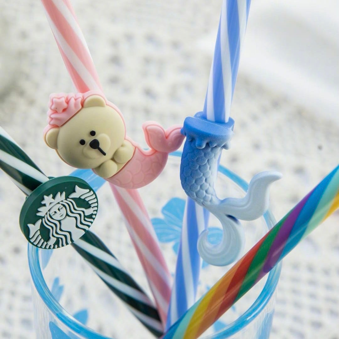 Starbucks Coffee Colorful Straw Set Of 4 Straws Rainbow Stripes Straw With Straw Brush Cute Bear, Siren Logo And Fish Tale Toppers