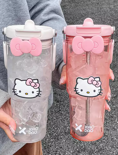 Cold Water Cup With Hello Kitty Sticker + Bow 30oz Straw Tumbler