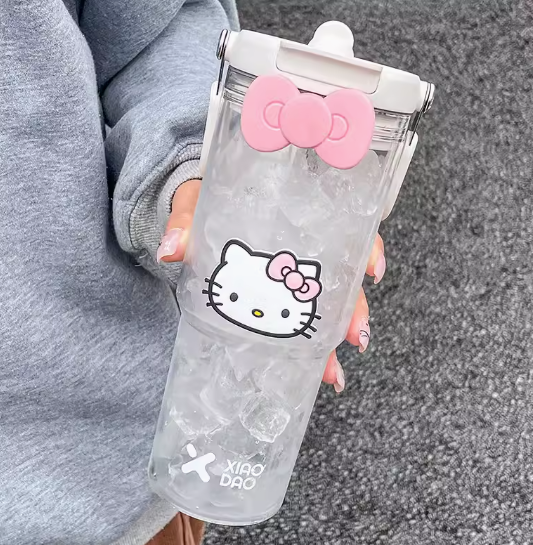 Cold Water Cup With Hello Kitty Sticker + Bow 30oz Straw Tumbler