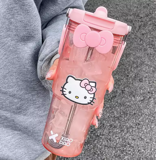 Cold Water Cup With Hello Kitty Sticker + Bow 30oz Straw Tumbler