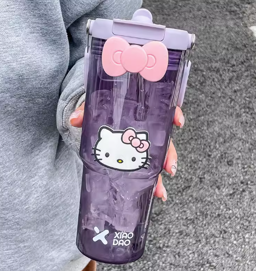 Cold Water Cup With Hello Kitty Sticker + Bow 30oz Straw Tumbler