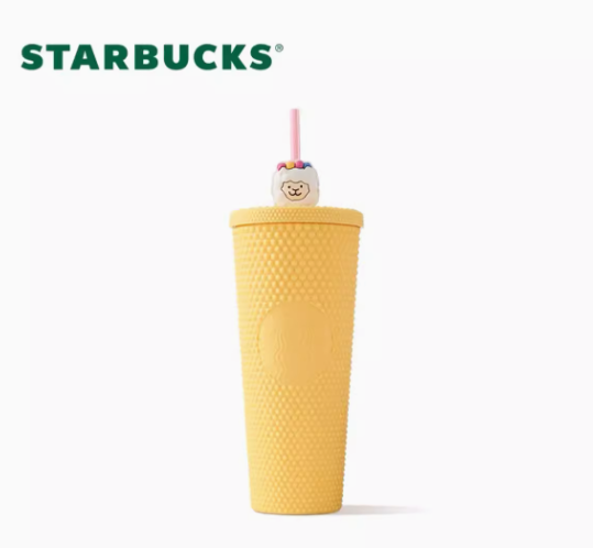 Starbucks 2024 Alpaca Yellow Matte Studded 24oz Straw Cup Tumbler With Cute Topper