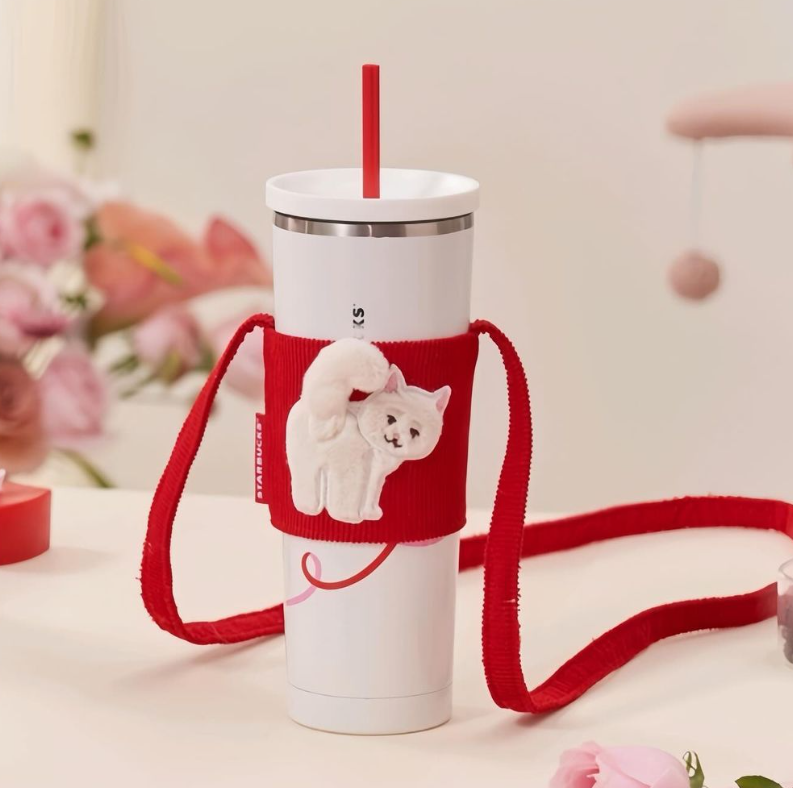PRE ORDER Starbucks China 2024 Valentine's Day White Hearts Cat Stainless Steel Cup 27oz Tumbler With Sleeve