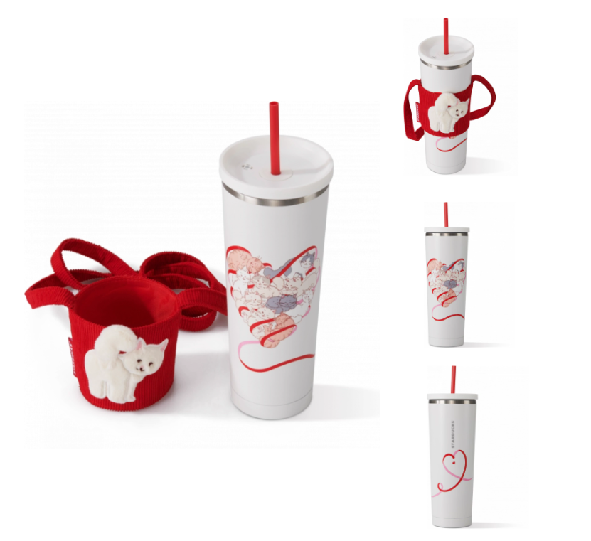 PRE ORDER Starbucks China 2024 Valentine's Day White Hearts Cat Stainless Steel Cup 27oz Tumbler With Sleeve