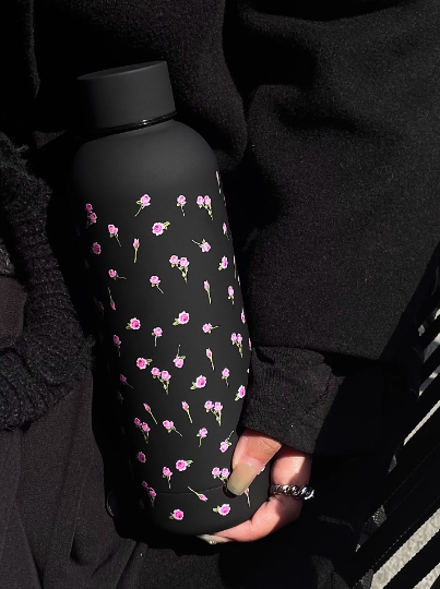 Black Flower Pattern Stainless Steel Thermos Cup Bottle