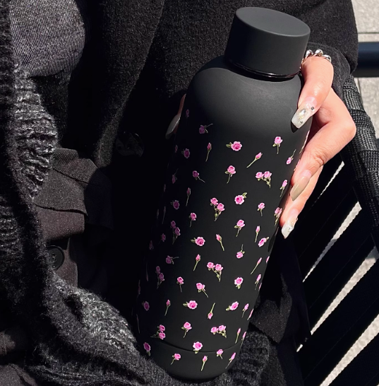 Black Flower Pattern Stainless Steel Thermos Cup Bottle