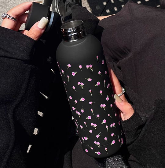 Black Flower Pattern Stainless Steel Thermos Cup Bottle