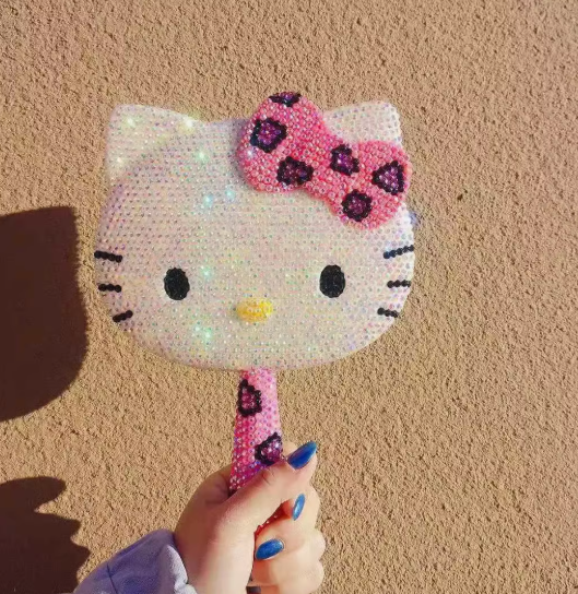 Hello Kitty Makeup Diamond Glitter Pink / Brown Leopard Handle Mirror