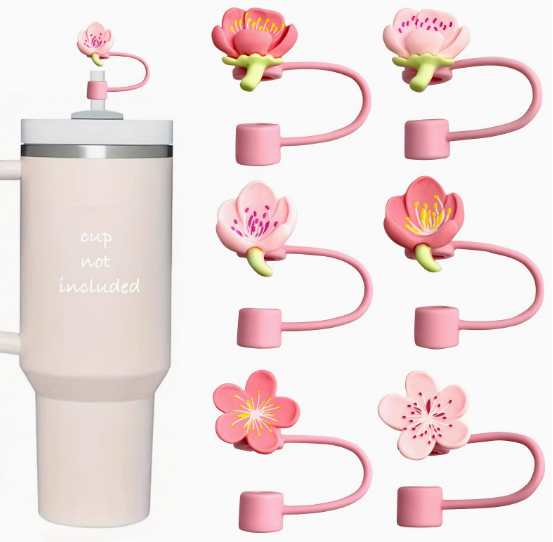 Sakura Pink Flower Set Of 6 Straw Toppers For Stanley Cups Tumblers 8/10mm