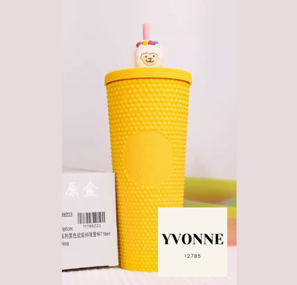 Starbucks 2024 Alpaca Yellow Matte Studded 24oz Straw Cup Tumbler With Cute Topper