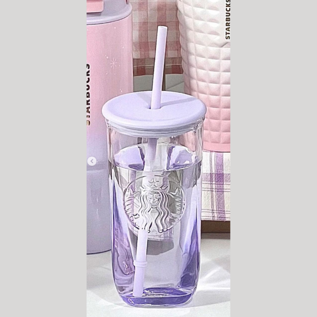 Starbucks New 2022 Clear Ribbed Glass Tumbler With Purple Lid And Straw