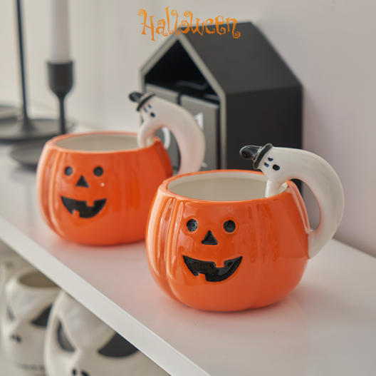 Halloween Set Of 2 Orange Pumpkin Mugs Ceramic Coffee Cup