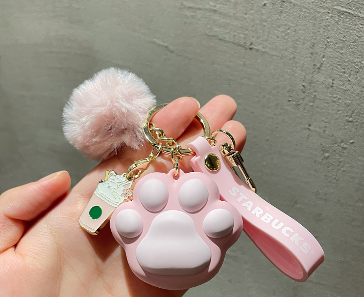 Starbucks Cute Paw Fur Ball Keychain Pink & Blue Set Of 2 Colors Without Cards