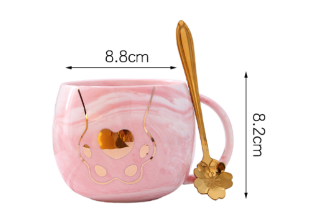 Pink Ceramic Cat Paw Mug With A Gold Flower Spoon