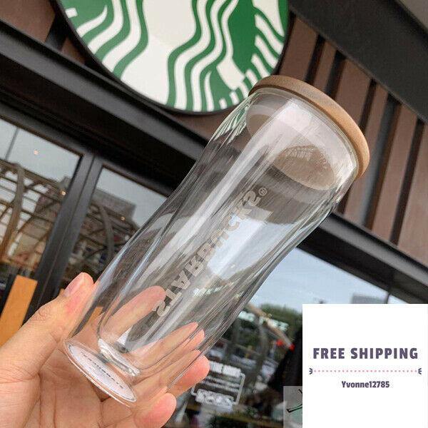 2 Styles Starbucks Glass Cup w/ Wood Lid Tumbler Double Wall