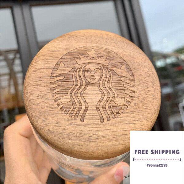 2 Styles Starbucks Glass Cup w/ Wood Lid Tumbler Double Wall