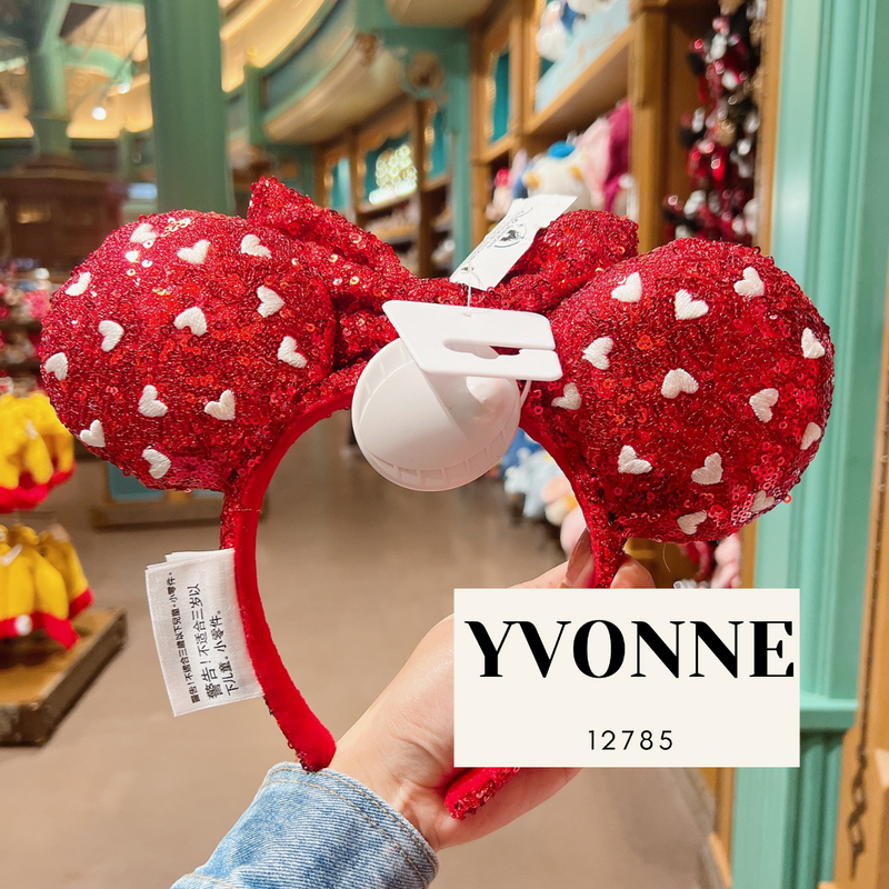 Disney Shanghai Red & Pink Bow Heart Sequined Minnie Mouse Ear