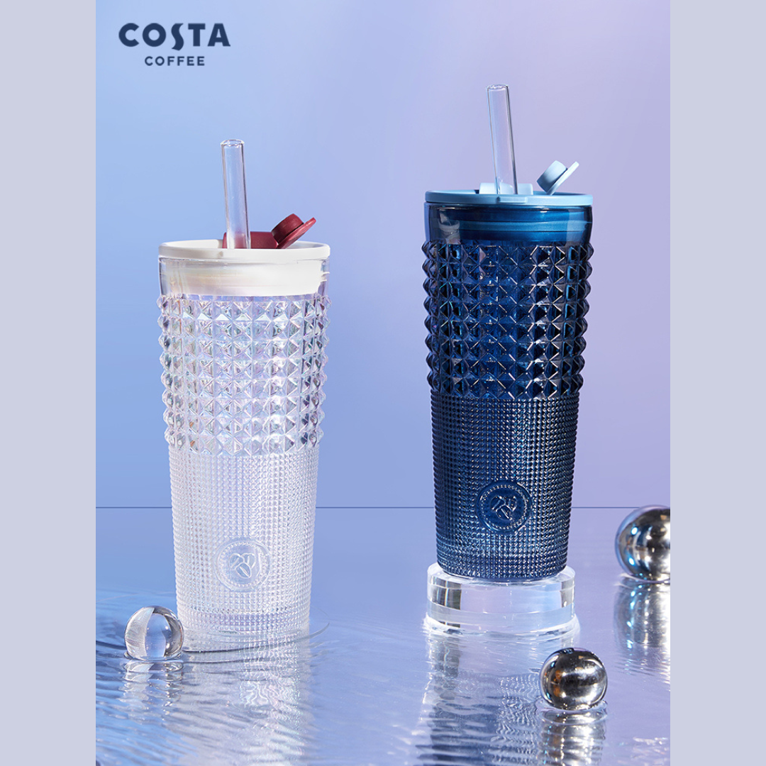 Costa Blue / White Drill Glass Straw Cup 20oz Tumbler