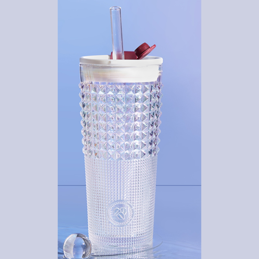 Costa Blue / White Drill Glass Straw Cup 20oz Tumbler