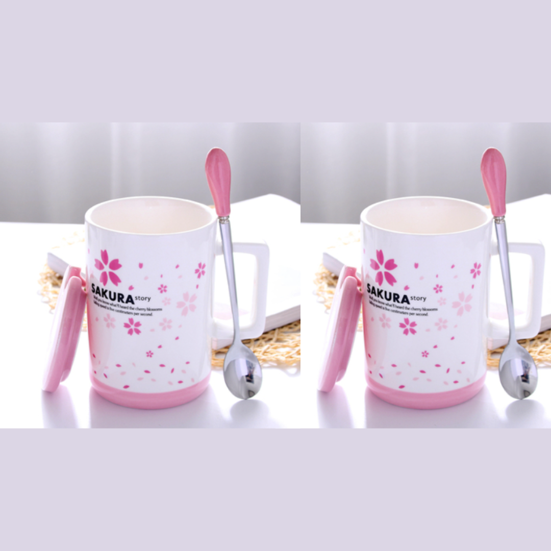 Sakura Ceramic Mug With Lid & Spoon White Pink Cup