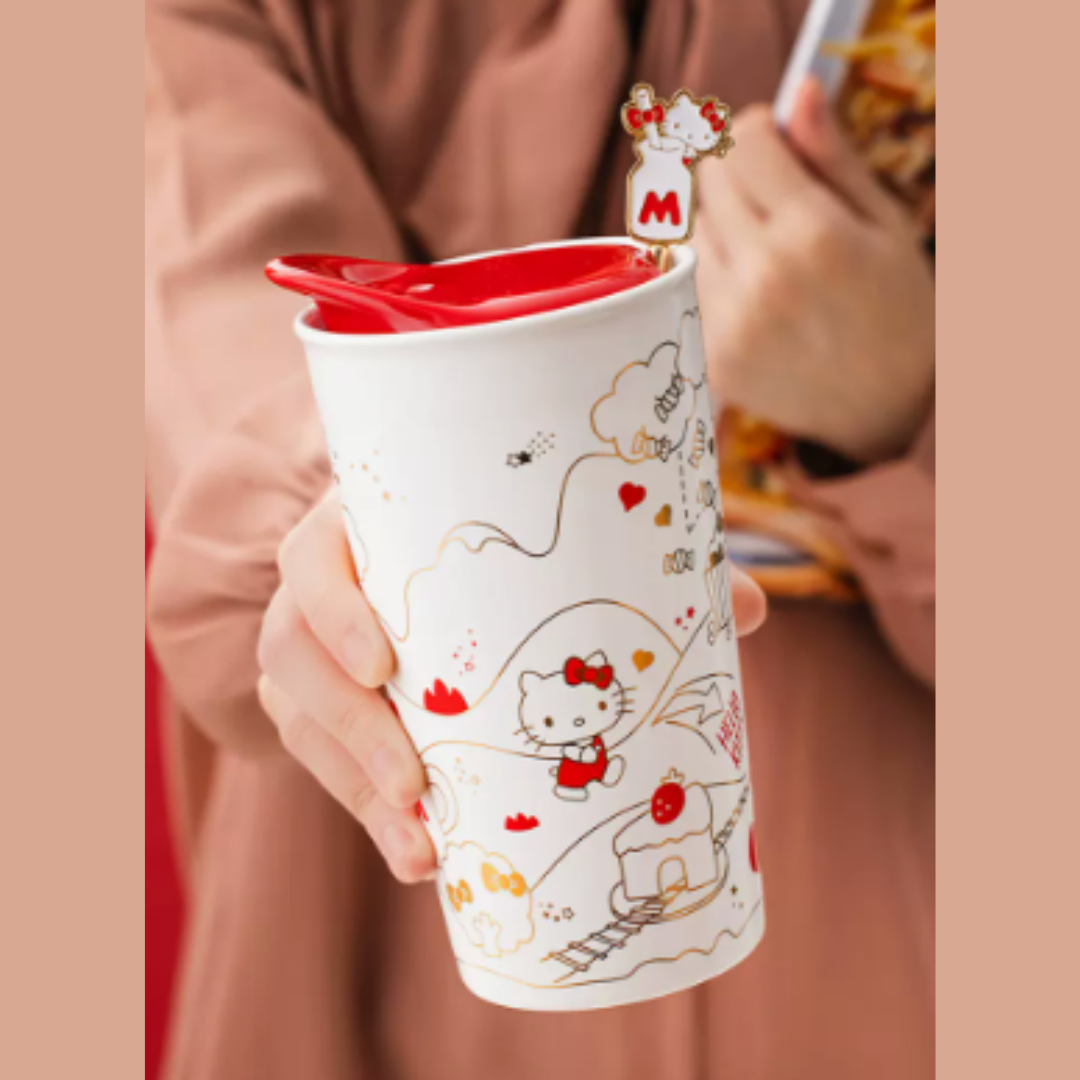 Hello Kitty Ceramic Cup With Lid 13oz Mug With Stirrer