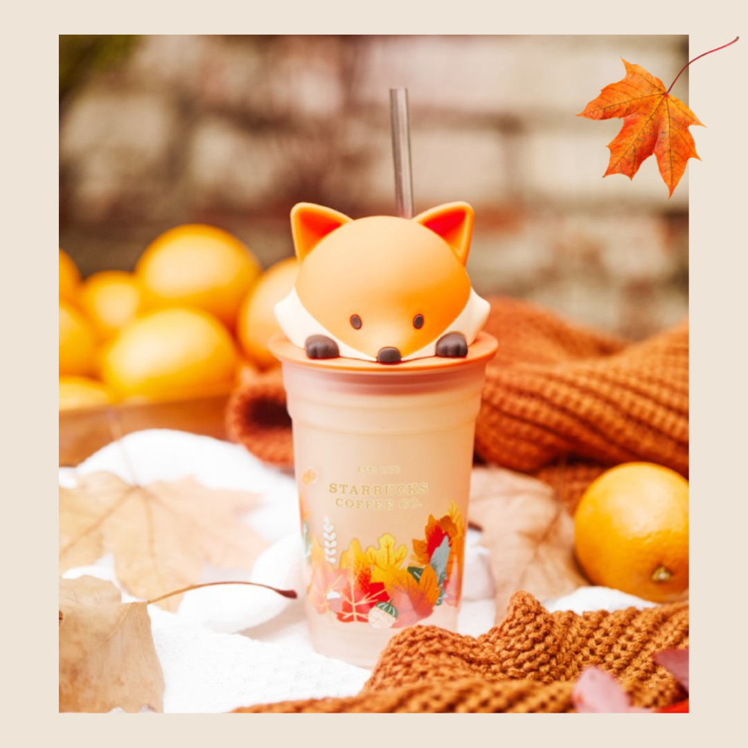 Starbucks Autumn fox Maple Leaf Cup Tumbler Straw Double Glass Set