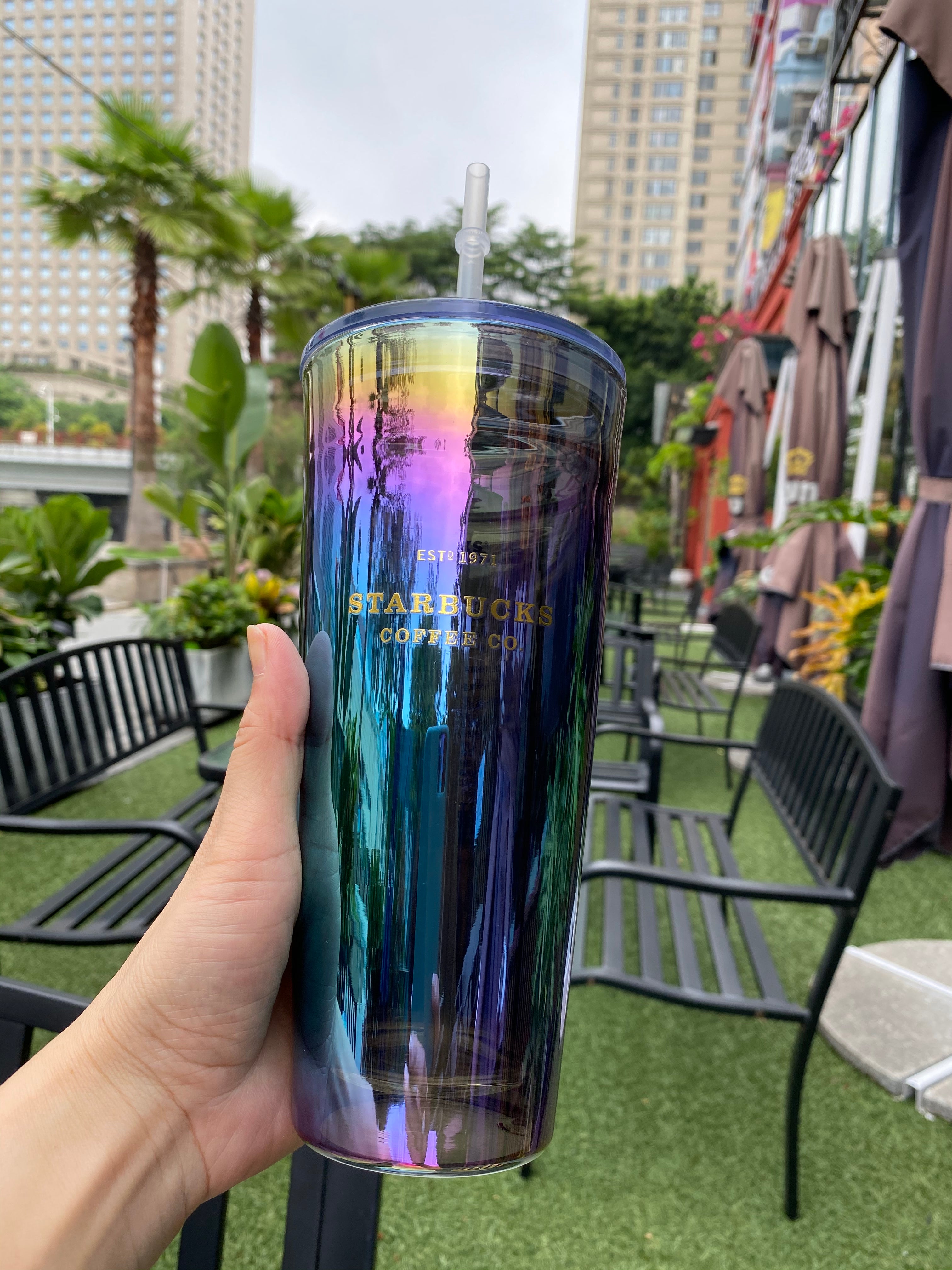 Starbucks 2020 China Magic Purple Oil Slick 20oz Glass Straw Cup Tumbler