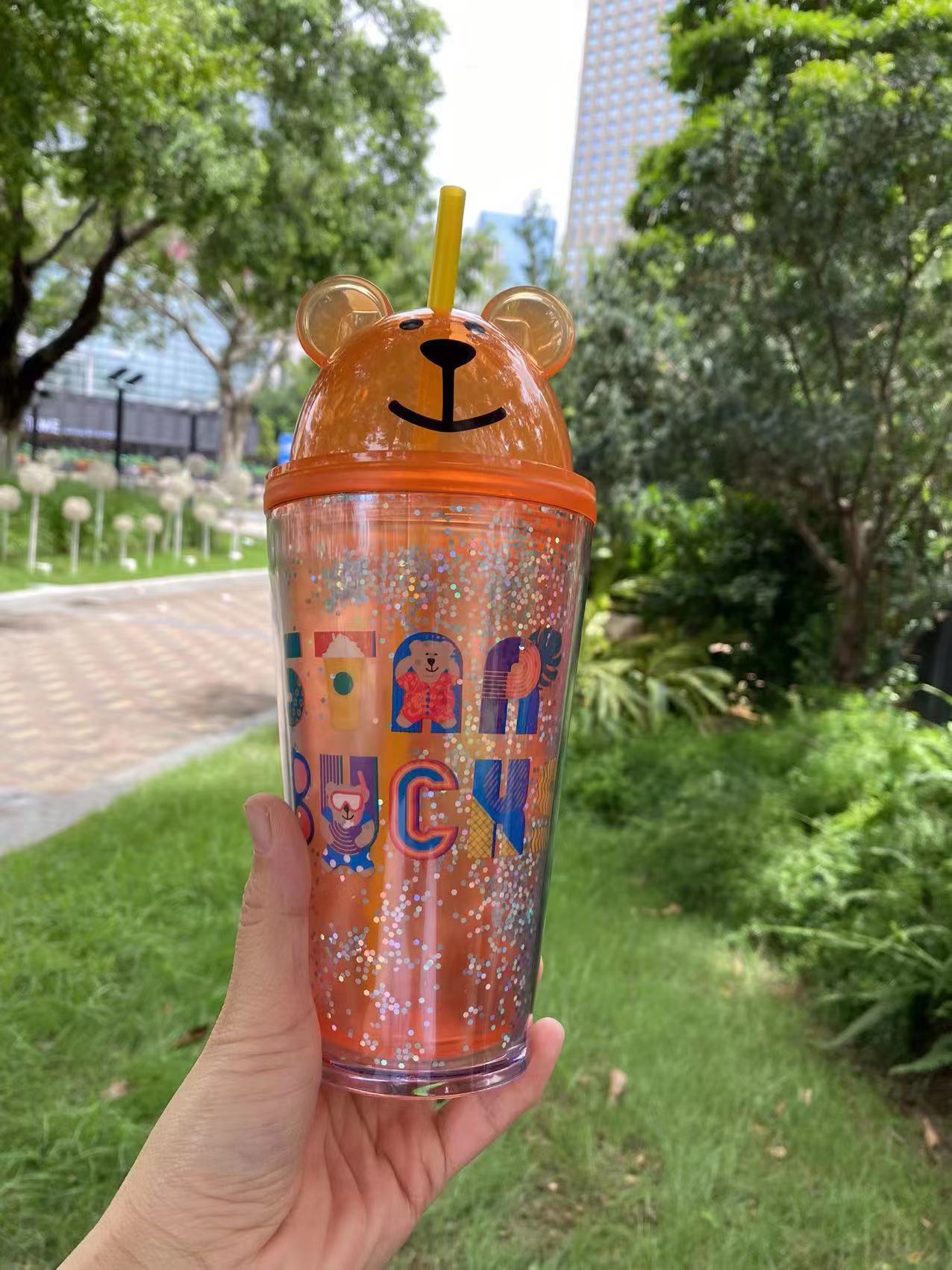 Starbucks Japan Orange Bear 16oz Plastic Straw Cup Limited Edition