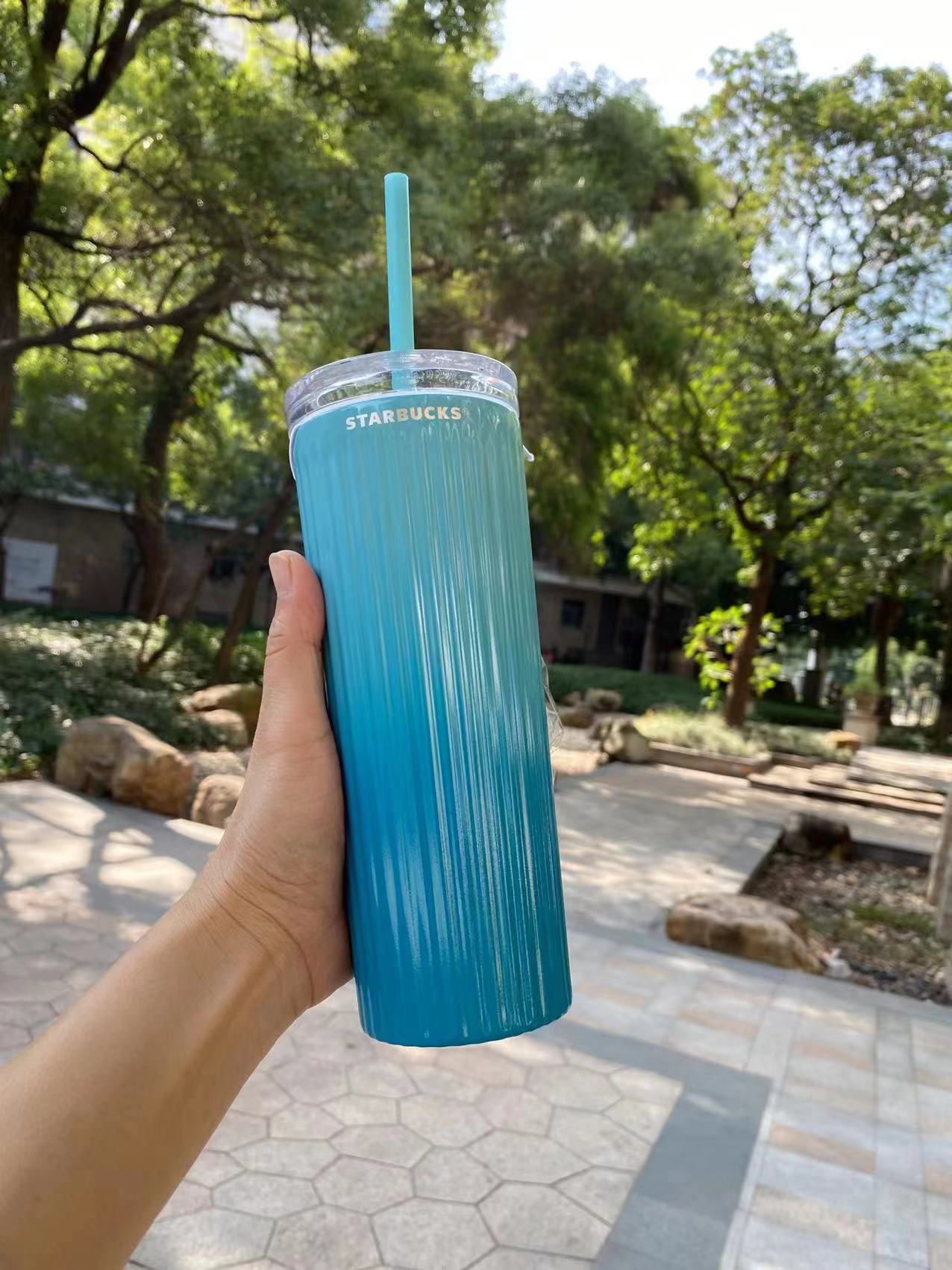 China 2022 Blue Gradient Straw Cup 16oz Stainless Steel Tumbler
