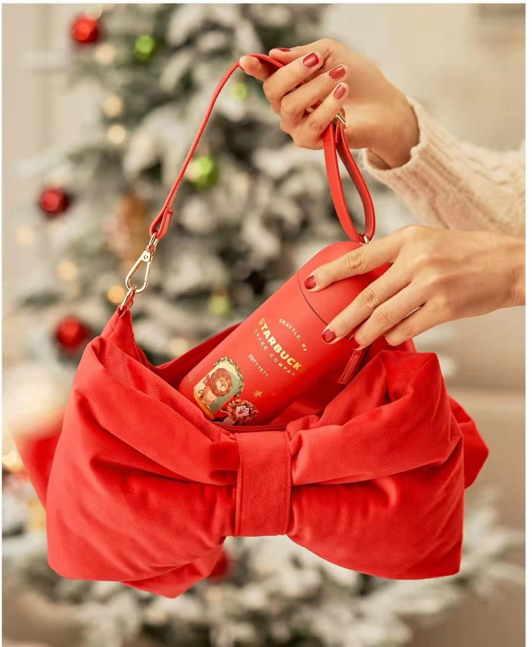 Starbucks 2021 China Red Christmas 12oz Capsule Vacuum Flask With Bowknot Handbag