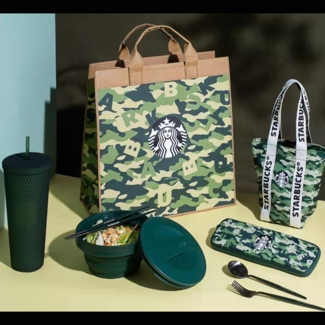 Starbucks 2022 Taiwan Camo Green Set With Jelly Green Studded And Camo Bags