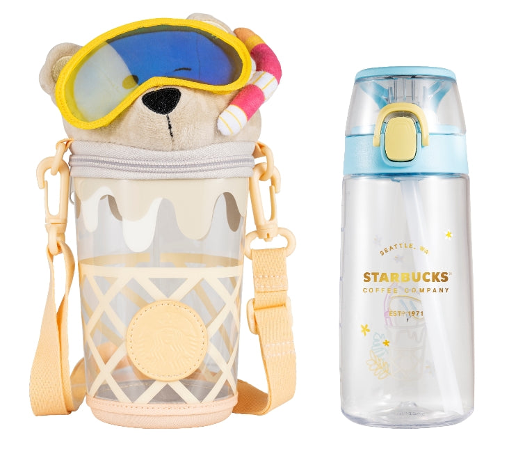 Starbucks 2021 China Summer Ice Cream Diving Bear Carry Bag & 18.5oz Plastic Sippy Straw Cup